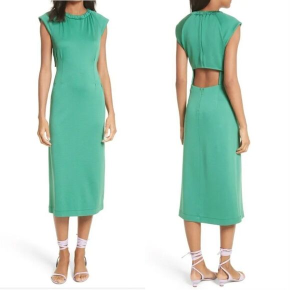 NWT TIBI Green Pique Knit ASTOR Corset Back Cutout Midi Dress - Picture 1 of 12